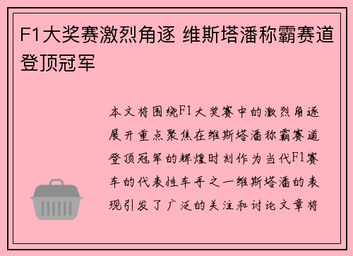 F1大奖赛激烈角逐 维斯塔潘称霸赛道登顶冠军